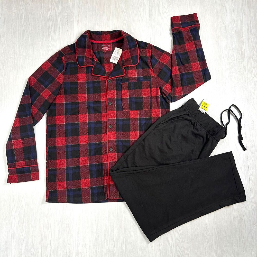Cuddl Duds Men's Large Pajama Set Cozy Lodge Notch Collar & Solid Black Bottoms